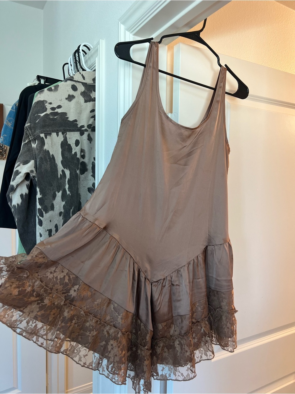 Mini Taupe Lace-Trim Slip Dress